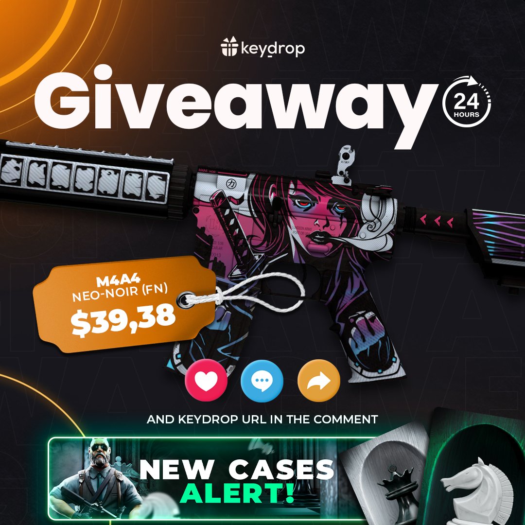 Win M4A4 | Neo-Noir FN in JUST 3 clicks! 🏆

👊 Just leave ❤️ under the post!
🤝 Follow us!
🔁 Retweet!

⏰ Wait 24 hours! 

JOIN NEW EVENT - keydrop.com/chess-event/ho… ♟

#giveaways #chance #cs2 #steam #case #giveaway #csgoskins #gaming #gamer #esport #keydrop #keydropcom