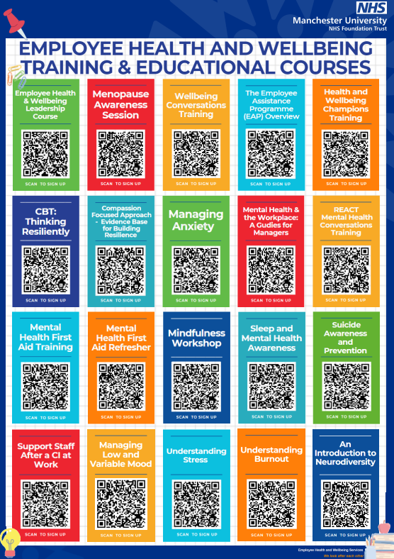 Nearly into a new month, why not remind yourself and your team of all the EHW Courses / Training available?

Visit the learning hub and scan the QR codes to find out more about the courses that interest you!

mftlearninghub.kallidus-suite.com
