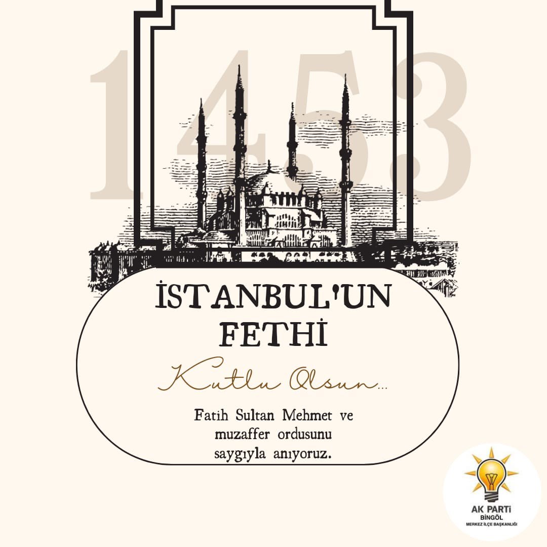 Tarihimizin en ihtişamlı zaferlerinden İstanbul'un Fethi'nin 571'inci yıl dönümünü Kutluyorum. Bizlere emsalsiz şehri emanet eden ve bu toprakları vatan kılan kutlu fethin fatihi Fatih Sultan Mehmet Han'ı ve aziz şehitlerimizi rahmet ve şükranla yâd ediyorum.