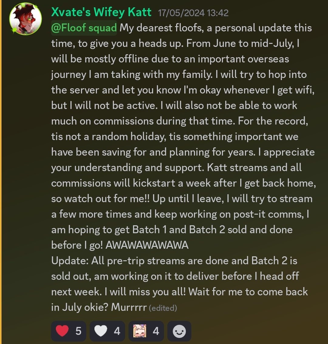 Murrr an official message to all you lovely floofs about my June hiatus for my trip.
Tldr: No content in June, cmms reopen and will return to regular streaming in mid-July!