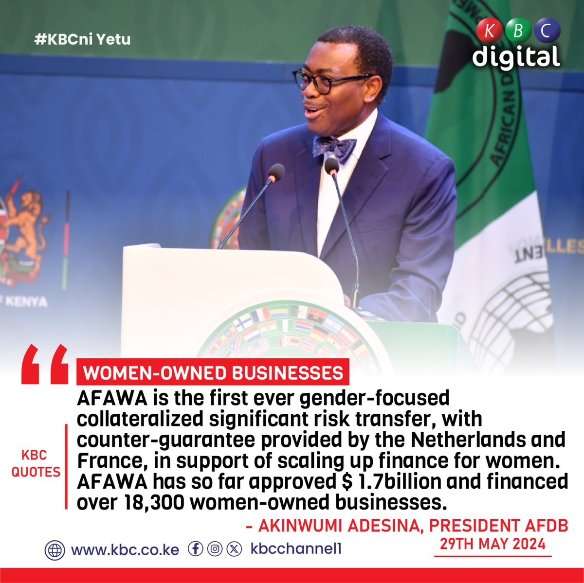 'AFAWA is the first ever gender-focused collateralized significant risk transfer, with counter-guarantee provided by the Netherlands and France, in support of scaling up finance for women.'
-Akinwumi Adesina
#AFDBAM2024 
@KeTreasury

@AfDB_Group ^EM