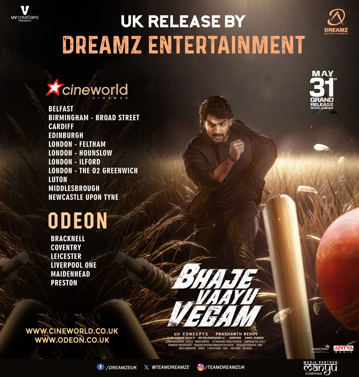 The licenced brand new car is ready to Race in theatres 💥 Here is #BhajeVaayuVegam UK theaters list UK 🇬🇧 RELEASE BY @TeamDreamZE Grand Release Worldwide on May 31st 🎯 #BVVonMay31st ❤️‍🔥 @ActorKartikeya @Ishmenon @RAAHULTYSON @Dir_Prashant @ajayrajup @RDRajasekar