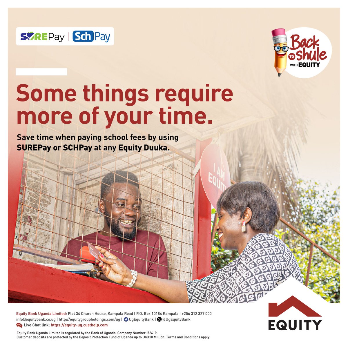 No more long queues at the Bursar's office, SUREPay / SCHPay are now the faster and easiest ways to pay your child's school fees. Simply Visit any Equity Duuka near you to access these services 🤝. #EquityBankUganda #BackToShuleWithEquity