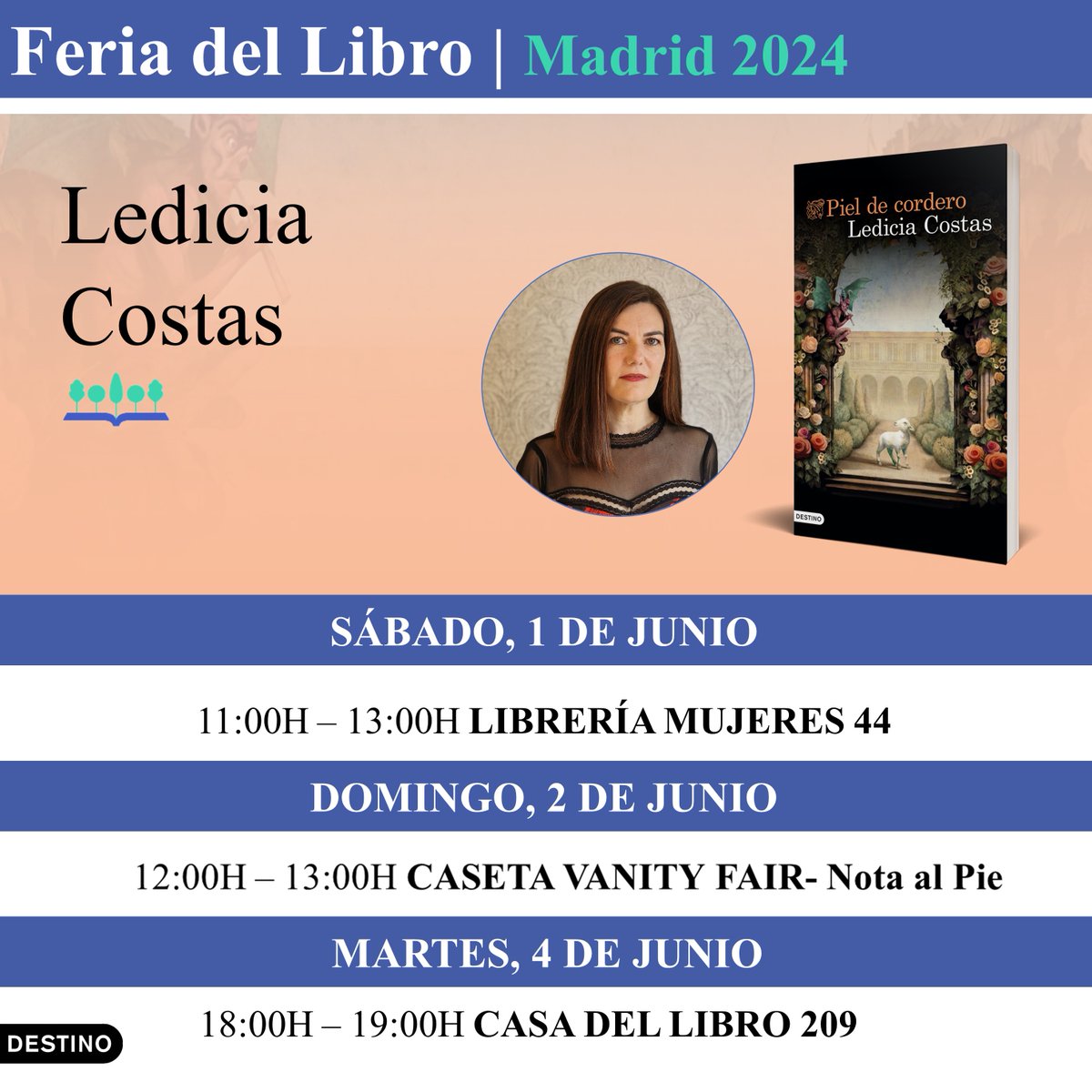 🔵FIRMAS @LediciaCostas ✍️@FLMadrid #PielDeCordero 📌 Sábado Mañana: Librería Mujeres 44 📌Domingo Mañana: Vanity Fair - Nota al Pie 📌Martes Tarde: Casa del Libro 🏠209 planetadelibros.com/libro-piel-de-…
