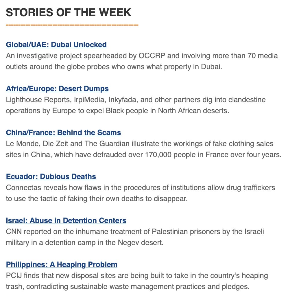 Stories of the Week: 🟡A collaborative project led by @OCCRP probes who owns what Dubai property. 🟠@lemondefr, @DIEZEIT & @guardian investigate China's fake clothing sales sites. 🔴@CNN reports on inhumane treatment of Palestinians in a detention camp. mailchi.mp/gijn/newslette…