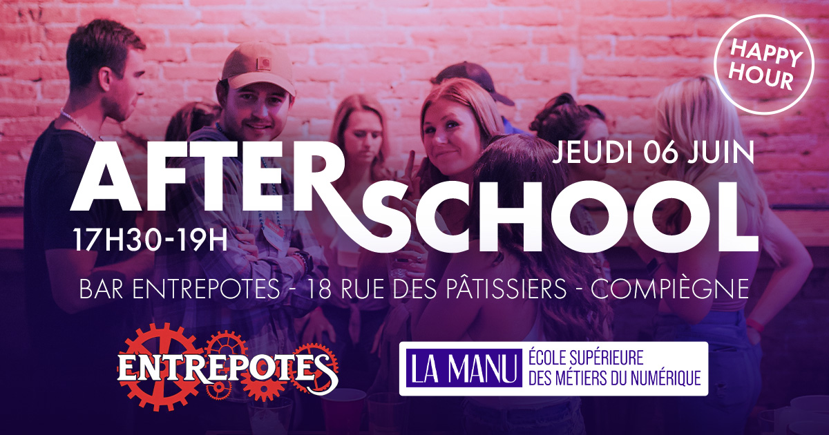 [AfterSchool⚡] Notre campus de Compiègne t'invite à son Happy Hour le jeudi 06 juin au bar Entrepotes !

Viens rencontrer nos étudiants et découvrir les opportunités qui s'offrent à toi en intégrant La Manu 🎓

👉 Inscription : lamanu.fr/afterschool-co…