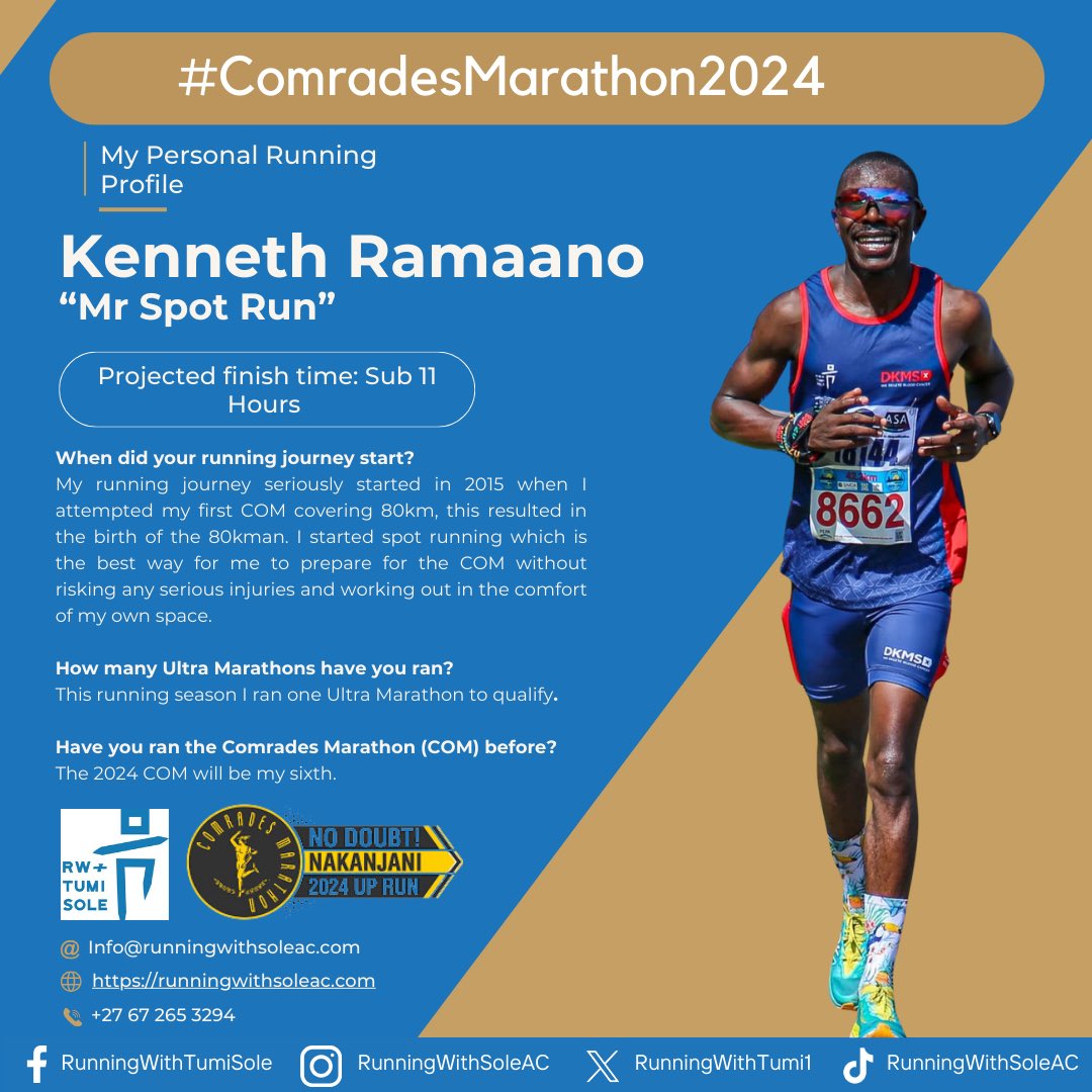 Runner profile 22/26✨ Many refer to him as “Mr SpotRun” and he will be spot running 86km on 07 June 2024, and on 09 June 2024 will join the running community at the Ultimate Human Race. We are pleased to announce that @kenny_ramaano will be representing the club and @budgetins