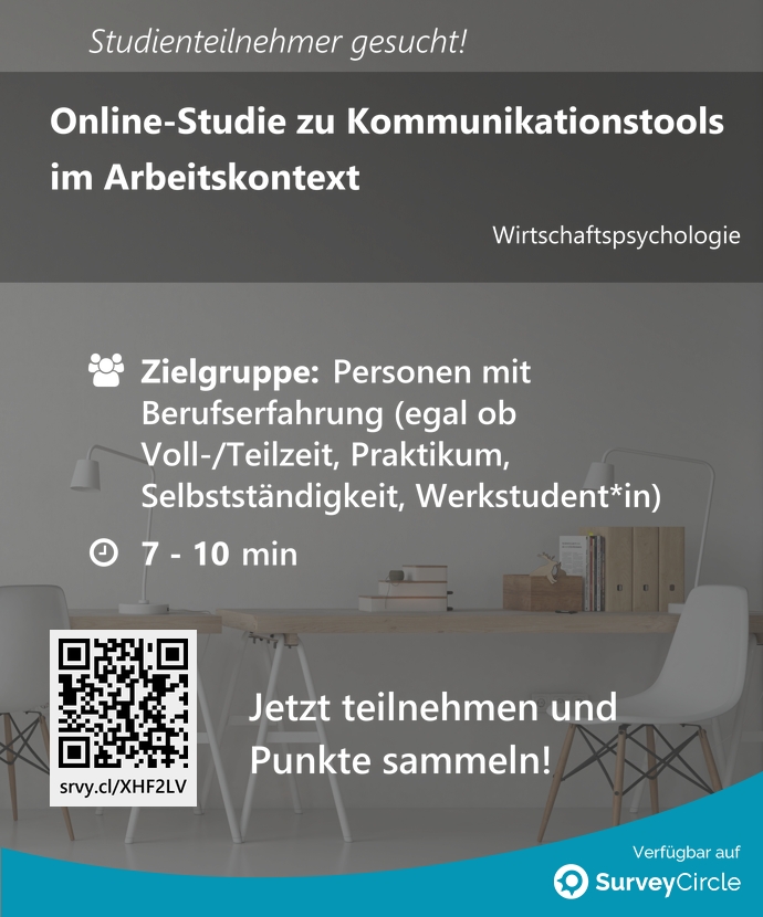 Teilnehmer gesucht für top-platzierte Online-Studie: 'Online-Studie zu Kommunikationstools im Arbeitskontext' surveycircle.com/XHF2LV/ via @SurveyCircle #lmu_muenchen #kommunikationstools #teams #arbeitsplatz #zusammenarbeit #kommunikation #tools