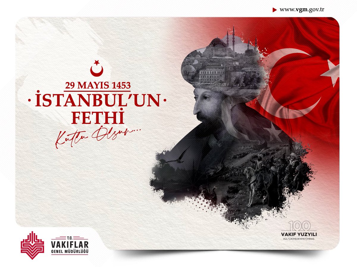 #İstanbulunFethi bir şehrin değil, fetihler çağının dönüm noktasıdır. #29Mayıs1453'teki fethin 571. yıl dönümünde, kadim şehir İstanbul'un geçmişine tanıklık eden vakıf eserlerimizin geleceğe bırakılmasına öncülük eden Fatih Sultan Mehmet Han ve kahraman ecdadımızı rahmet ve