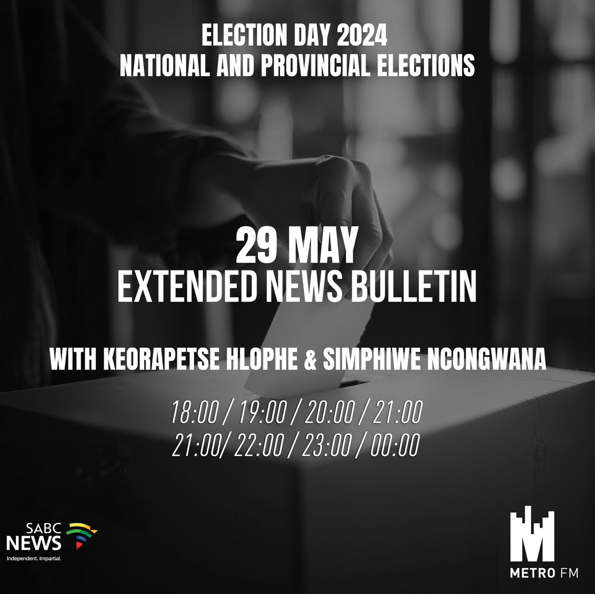 We will be bringing you comprehensive & up-to-date coverage of the 2024 elections with our extended news bulletins this evening from 18:00 - 00:00 #SAElection24 #ElectionDay #Elections2024