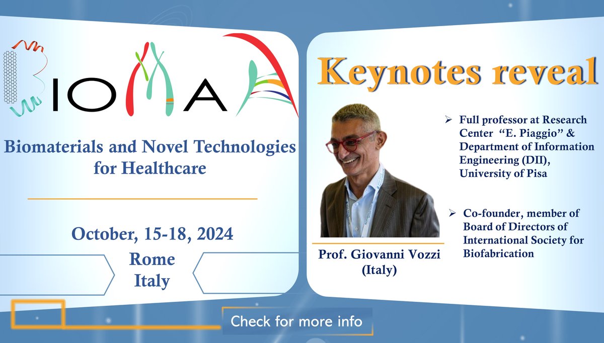 🎉We are delighted to present the keynotes of the 4th edition of #Biomah🎉
15-18th of October 2024,
<a href="/BioFabUnipi/">Biofabrication Group</a> <a href="/CPiaggioUniPisa/">CentroPiaggioUniPisa</a>
Headquarters of
<a href="/CNRsocial_/">CNR Consiglio Nazionale delle Ricerche</a>

Rome, Italy.
For any info DM us or check
biomah.ism.cnr.it <a href="/CNR_ISM/">CNR-ISM Istituto Di Struttura Della Materia</a>
#Biomaterials #biofabrication #bioprinting