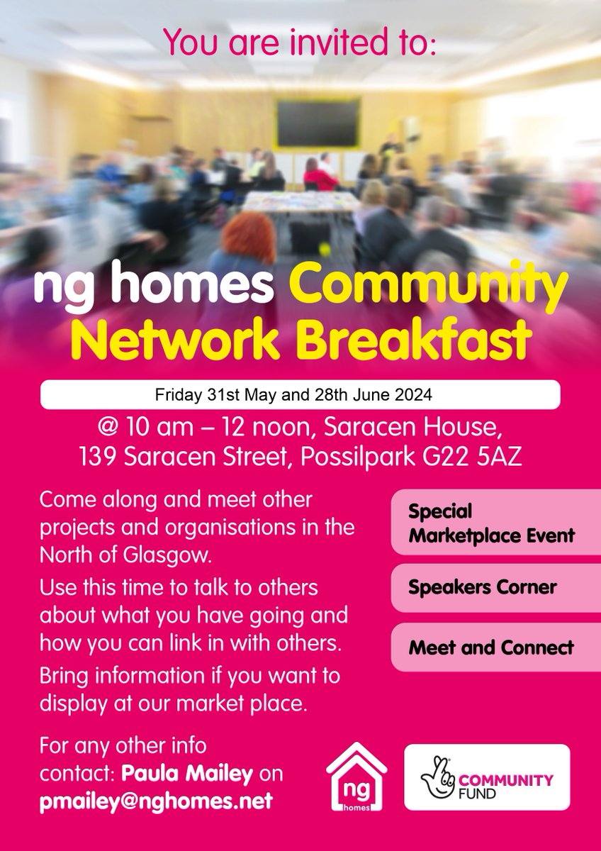 Don't miss it - our next Community Networking Breakfast is this Friday 31 May!

Working in North Glasgow? Come along & meet with other organisations working in the area, find out more about what's on and make connections!

Find out more > nghomes.net/health-and-saf…