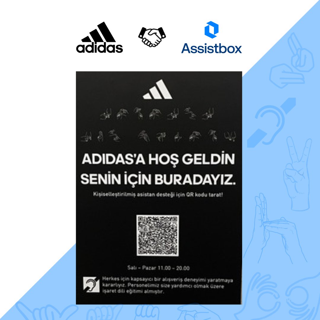 AssistBox's tweet photo. Exciting news! Assistbox and Adidas are transforming shopping for the hearing-impaired. Scan QR codes in Adidas stores to connect with sign language reps via mobile. Proud to support accessibility! 📲🤟🏻 #Assistbox #Adidas #Accessibility #SignLanguage https://t.co/vXYI1zV4ee