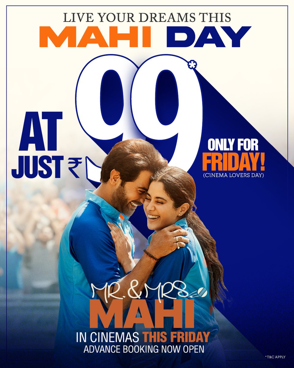 It's time to gear up as we're all set to celebrate Mahi Day!🎥 Advance booking now open! 🔗 - linktr.ee/mrandmrsmahi_ #MrAndMrsMahi in cinemas this Friday. #KaranJohar @apoorvamehta18 @RajkummarRao #JanhviKapoor #SharanSharma #NikhilMehrotra @somenmishra0 @DharmaMovies