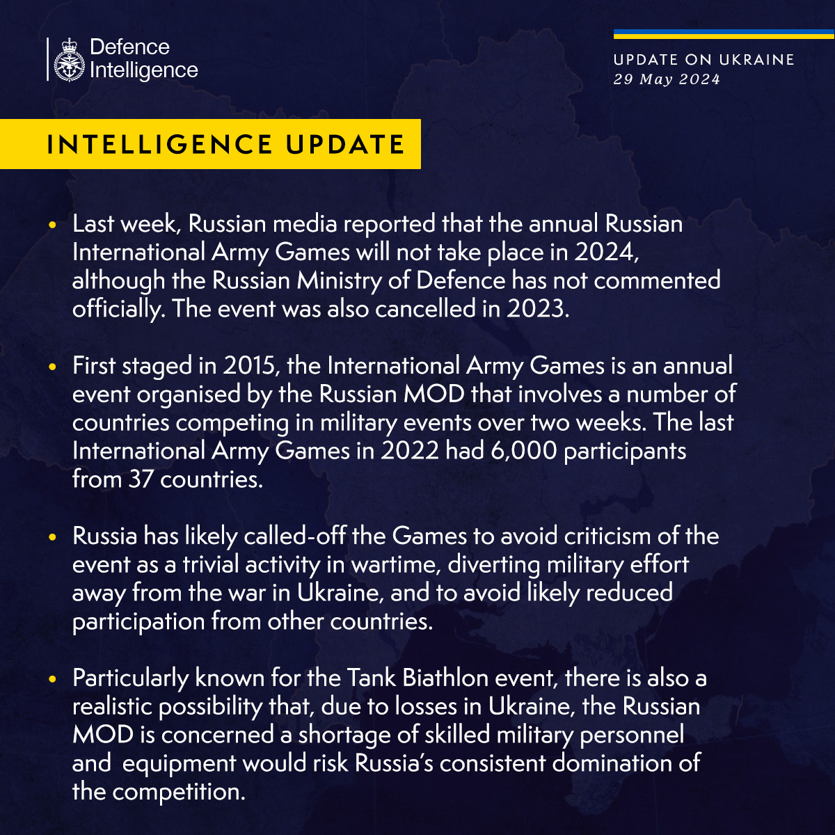 Latest Defence Intelligence update on the situation in Ukraine – 29 May 2024. Find out more about Defence Intelligence's use of language: ow.ly/jU6v50RWiYu #StandWithUkraine 🇺🇦