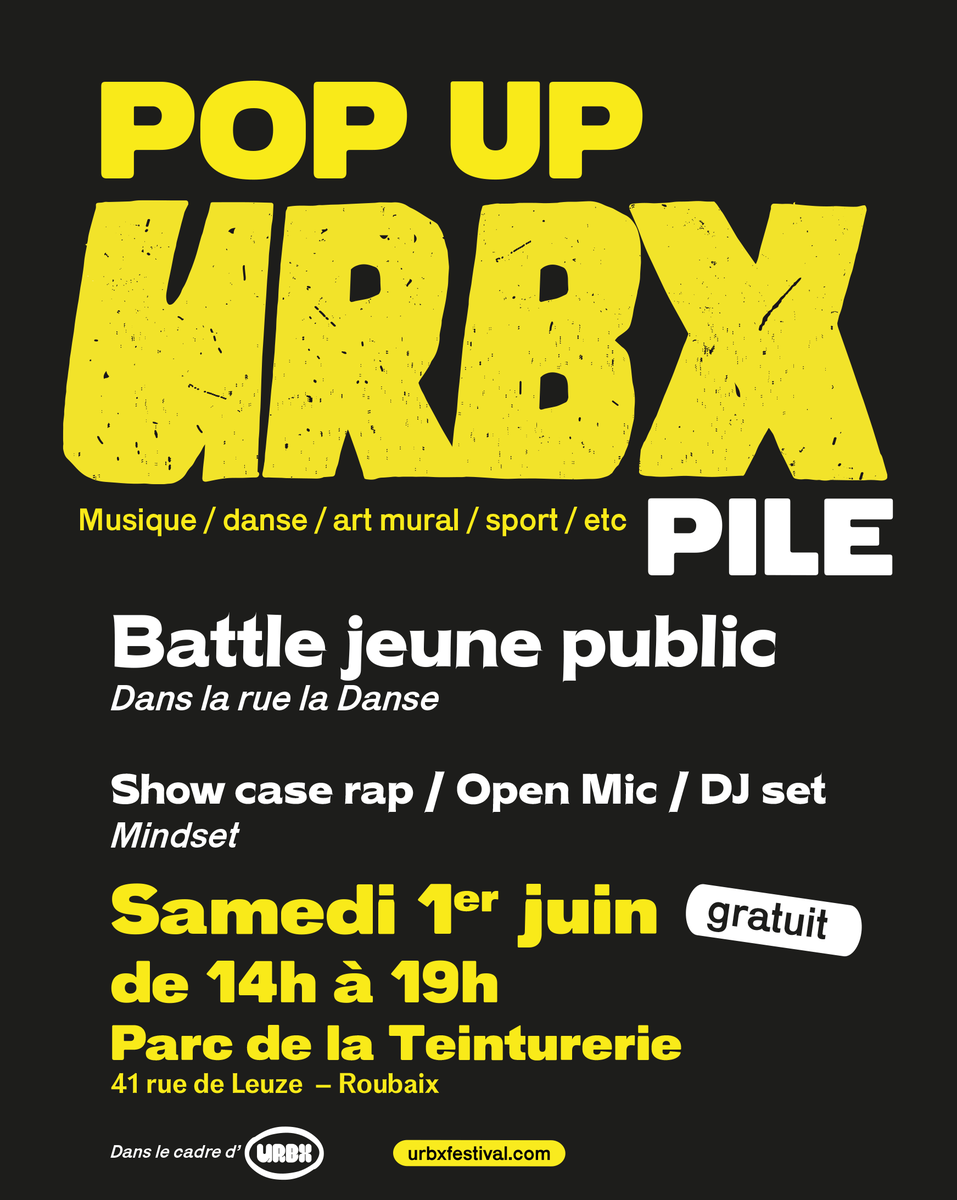 🎉 Le Pop Up @URBX_Festival arrive à Roubaix le 1er juin à 14h ! 🎉 Une journée festive avec danse, musique, street art et activités pour tous au parc de la Teinturerie. Venez nombreux ! #PopUpURBX #Roubaix #HipHop #BlockParty #Culture #ZéroDéchet #Danse #Musique