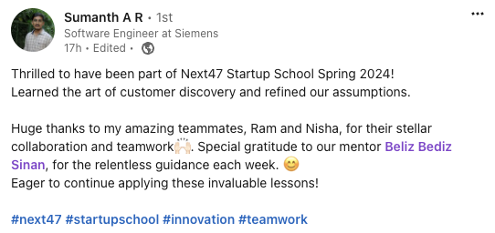 The best part of my job is working with brilliant minds from around the world and going on a learning journey together 🤓

#Siemens #Next47 #corporateinnovation #intrapreneurship