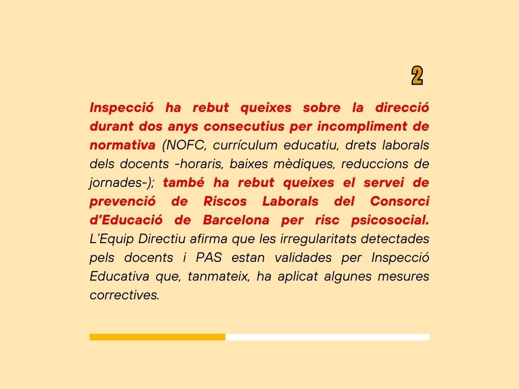 sindicat's tweet photo. El professorat del 𝗖𝗲𝗻𝘁𝗿𝗲 𝗱𝗲 𝗙𝗼𝗿𝗺𝗮𝗰𝗶𝗼́ 𝗱’𝗔𝗱𝘂𝗹𝘁𝘀 𝗥𝗶𝘂𝘀 𝗶 𝗧𝗮𝘂𝗹𝗲𝘁 𝗱𝗲 𝗕𝗮𝗿𝗰𝗲𝗹𝗼𝗻𝗮 ha fet arribar a PROFESSORS DE SECUNDÀRIA (aspepc·sps) les seves 𝗾𝘂𝗲𝗶𝘅𝗲𝘀 𝗽𝗲𝗿 𝗹’𝗮𝗰𝘁𝘂𝗮𝗰𝗶𝗼́ 𝗱𝗲 𝗹𝗮 𝗱𝗶𝗿𝗲𝗰𝗰𝗶𝗼́ 𝗱𝗲𝗹 𝗰𝗲𝗻𝘁𝗿𝗲, 𝗺𝗼𝗹𝘁𝗲𝘀 𝗱𝗲 𝗹𝗲𝘀 𝗾𝘂𝗮𝗹 𝘀𝗲𝗺𝗯𝗹𝗲𝗻 𝗽𝗿𝗼𝘂 𝗴𝗿𝗲𝘂𝘀.📷 Els fets han estat notificats també a la Inspecció,📷 que ha pres algunes mesures de correcció al respecte. 📷
A tall d’exemple, aquests són alguns dels motius que han provocat la queixa del professorat a Inspecció.
Segons el professorat del centre: