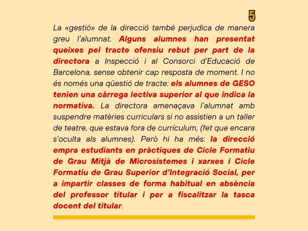 sindicat's tweet photo. El professorat del 𝗖𝗲𝗻𝘁𝗿𝗲 𝗱𝗲 𝗙𝗼𝗿𝗺𝗮𝗰𝗶𝗼́ 𝗱’𝗔𝗱𝘂𝗹𝘁𝘀 𝗥𝗶𝘂𝘀 𝗶 𝗧𝗮𝘂𝗹𝗲𝘁 𝗱𝗲 𝗕𝗮𝗿𝗰𝗲𝗹𝗼𝗻𝗮 ha fet arribar a PROFESSORS DE SECUNDÀRIA (aspepc·sps) les seves 𝗾𝘂𝗲𝗶𝘅𝗲𝘀 𝗽𝗲𝗿 𝗹’𝗮𝗰𝘁𝘂𝗮𝗰𝗶𝗼́ 𝗱𝗲 𝗹𝗮 𝗱𝗶𝗿𝗲𝗰𝗰𝗶𝗼́ 𝗱𝗲𝗹 𝗰𝗲𝗻𝘁𝗿𝗲, 𝗺𝗼𝗹𝘁𝗲𝘀 𝗱𝗲 𝗹𝗲𝘀 𝗾𝘂𝗮𝗹 𝘀𝗲𝗺𝗯𝗹𝗲𝗻 𝗽𝗿𝗼𝘂 𝗴𝗿𝗲𝘂𝘀.📷 Els fets han estat notificats també a la Inspecció,📷 que ha pres algunes mesures de correcció al respecte. 📷
A tall d’exemple, aquests són alguns dels motius que han provocat la queixa del professorat a Inspecció.
Segons el professorat del centre: