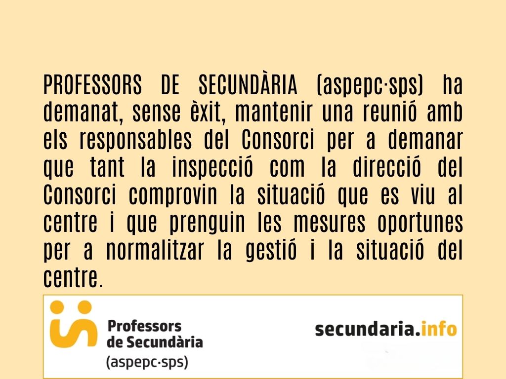 sindicat's tweet photo. El professorat del 𝗖𝗲𝗻𝘁𝗿𝗲 𝗱𝗲 𝗙𝗼𝗿𝗺𝗮𝗰𝗶𝗼́ 𝗱’𝗔𝗱𝘂𝗹𝘁𝘀 𝗥𝗶𝘂𝘀 𝗶 𝗧𝗮𝘂𝗹𝗲𝘁 𝗱𝗲 𝗕𝗮𝗿𝗰𝗲𝗹𝗼𝗻𝗮 ha fet arribar a PROFESSORS DE SECUNDÀRIA (aspepc·sps) les seves 𝗾𝘂𝗲𝗶𝘅𝗲𝘀 𝗽𝗲𝗿 𝗹’𝗮𝗰𝘁𝘂𝗮𝗰𝗶𝗼́ 𝗱𝗲 𝗹𝗮 𝗱𝗶𝗿𝗲𝗰𝗰𝗶𝗼́ 𝗱𝗲𝗹 𝗰𝗲𝗻𝘁𝗿𝗲, 𝗺𝗼𝗹𝘁𝗲𝘀 𝗱𝗲 𝗹𝗲𝘀 𝗾𝘂𝗮𝗹 𝘀𝗲𝗺𝗯𝗹𝗲𝗻 𝗽𝗿𝗼𝘂 𝗴𝗿𝗲𝘂𝘀.📷 Els fets han estat notificats també a la Inspecció,📷 que ha pres algunes mesures de correcció al respecte. 📷
A tall d’exemple, aquests són alguns dels motius que han provocat la queixa del professorat a Inspecció.
Segons el professorat del centre: