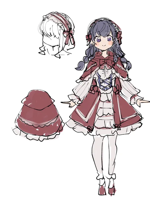 しゅがみつ裏話巻頭カラー絵衣装デザインラフ・美都テーマはゴスロリ×赤ずきんでした!イラストでは写っていませんが白タイツがポイントです背中を向けていたので、あまりデザイン生かせず&背中は清書で変えました明日はカンナです!#しゅがー・みーつ・がーる#しゅがみつ 