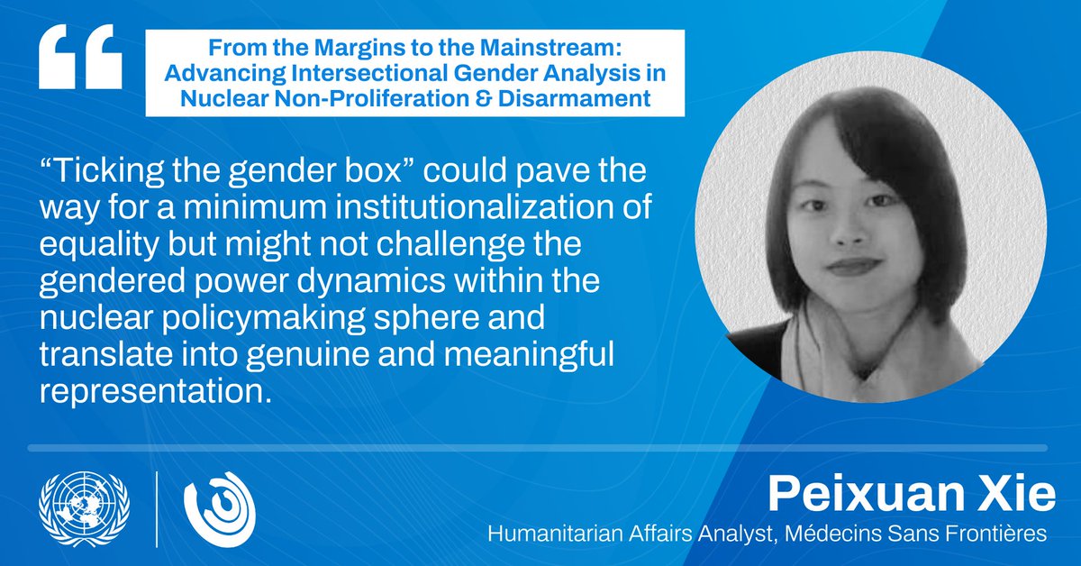 In our report, @peixuan_x considers possibilities for increasing synergies between the Treaty on the Prohibition of Nuclear Weapons (#TPNW) & the Women, Peace & Security (#WPS) agenda.

Learn about gender-transformative change in nuclear regimes 👉🏾 unidir.org/Margins-to-Main