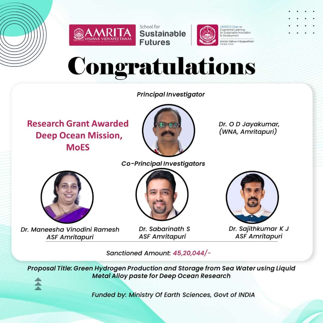 #Amrita professors win #grant from @moesgoi to produce & store #greenhydrogen from seawater. 
Dr. OD Jayakumar, Dr. Maneesha Ramesh, Dr. Sabarinath S &Dr. Sajithkumar KJ will work on a 2-year project for high purity green hydrogen from seawater. Congratulations!