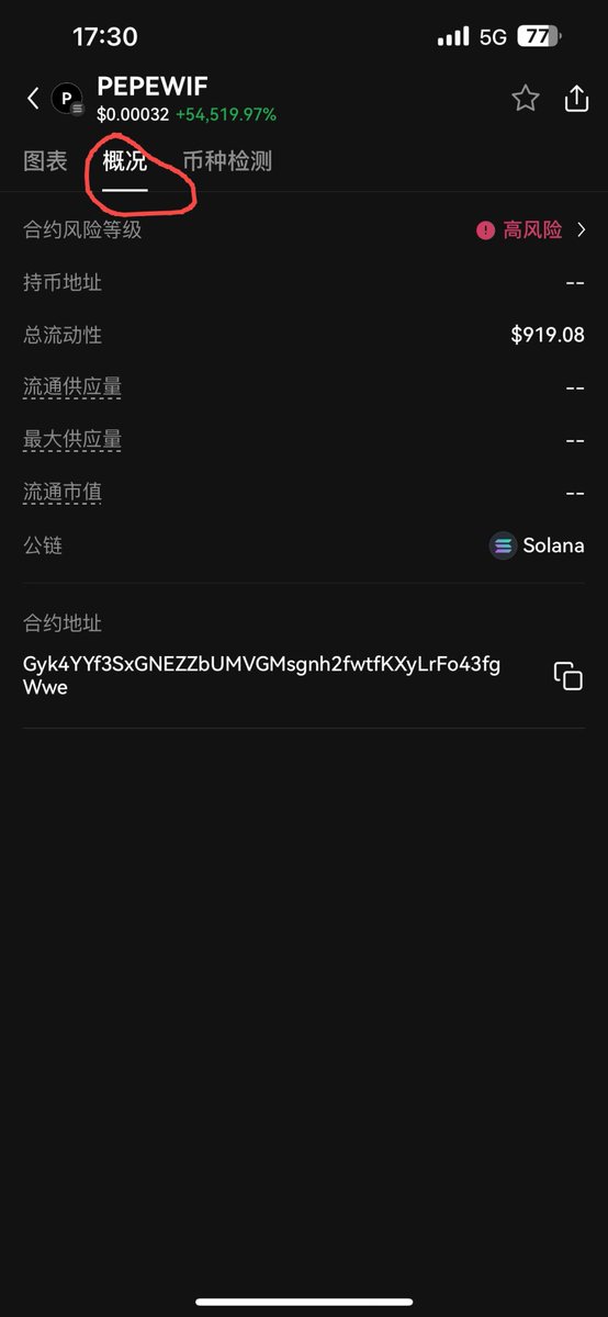 4、（续

则可以看见关于该Meme币的各种信息，涵盖K线（P1

概况（P2

及安全检测等（P3

这里我们刚好找到了一个疑似已rug的貔貅盘，如果不是OKX Web3钱包的安全功能，没准已经亏了。。。

（2/2） https://t.co/zGnH6JkUxq