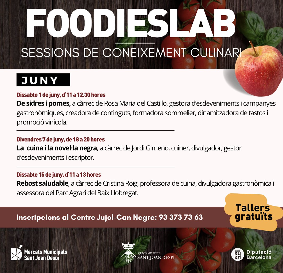 #AgendaSJD Al mes de juny seguim amb les sessions de coneixement culinari al Foodieslab! Parlarem de sidres i pomes, de cuina i novel·la negra i de com tenir un rebost saludable #santjoandespí 👉 Fes la inscripció al tel. 93 373 73 63