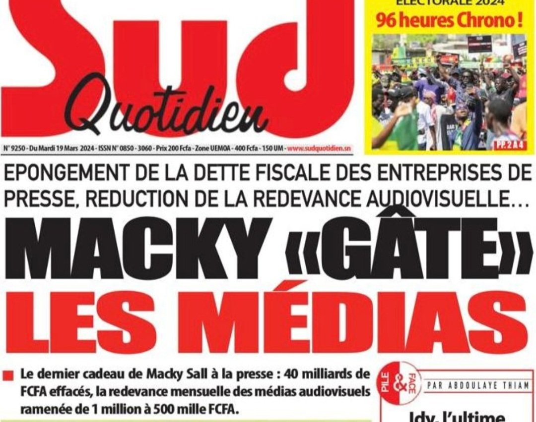 Annulation de 40 Milliards de dette.
Les Patrons de Presse informés qu'ils doivent s'acquitter du paiement de leurs impôts.
AUCUNE ANNULATION. #Jubbanti