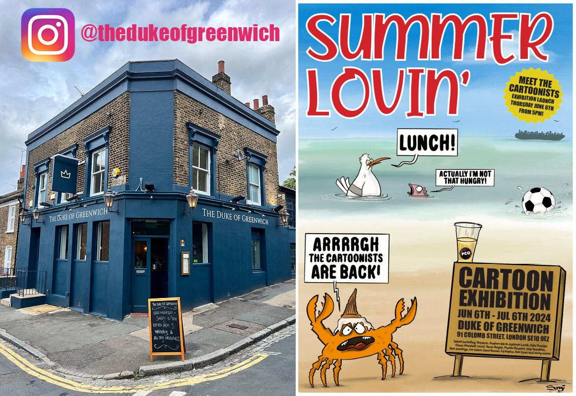 8 days out: Great Cartoon Exhibition in a Greenwich pub! Talent including: @BenChilton @mortenmorland @DaveBrownToons @thesquiggleking @BrookesTimes @Ncknwmn @KipperWilliams @KeyesGraeme @mistressofline @BJennings90 @MartinRowson @Banxcartoons and 50 other top uk cartoonists!