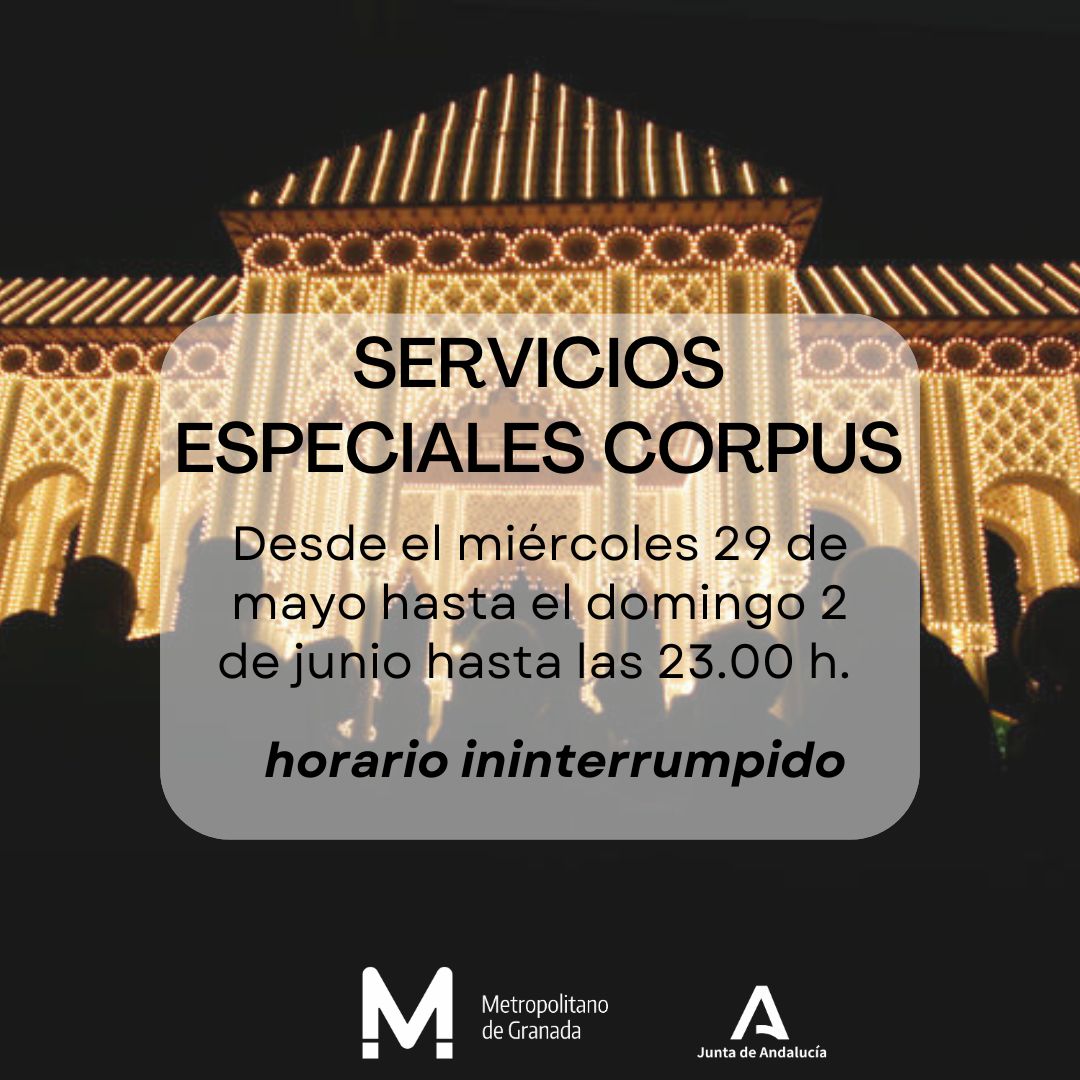 👉🏼💃🏼 Os recordamos que desde hoy miércoles hasta el domingo 2 de junio a las 23:00 horas tenemos servicio ininterrumpido en el 🚇 metro para facilitaros que disfrutéis en esta semana tan especial del #Corpus. Toda la ℹ️ de servicios especiales en ▶️ metropolitanogranada.es/noticias/Horar…