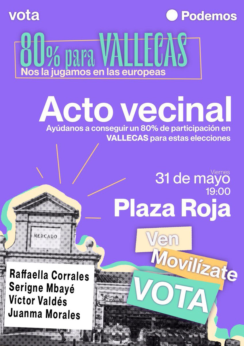 CirPuenteVK's tweet photo. 📣El viernes 31 en la Plaza Roja de #Vallekas Acto "80% de VOTOS EN VALLECAS"

📥 Por la participación de Vallecanos y Vallecanas en las URNAS. Y que no nos roben lo que más necesitamos.

➡️ Sanidad Pública 
➡️ Escuela Pública 
➡️ Justicia Social
➡️ DDHh
No te lo pierdas‼️ https://t.co/vwJzSHe6jm