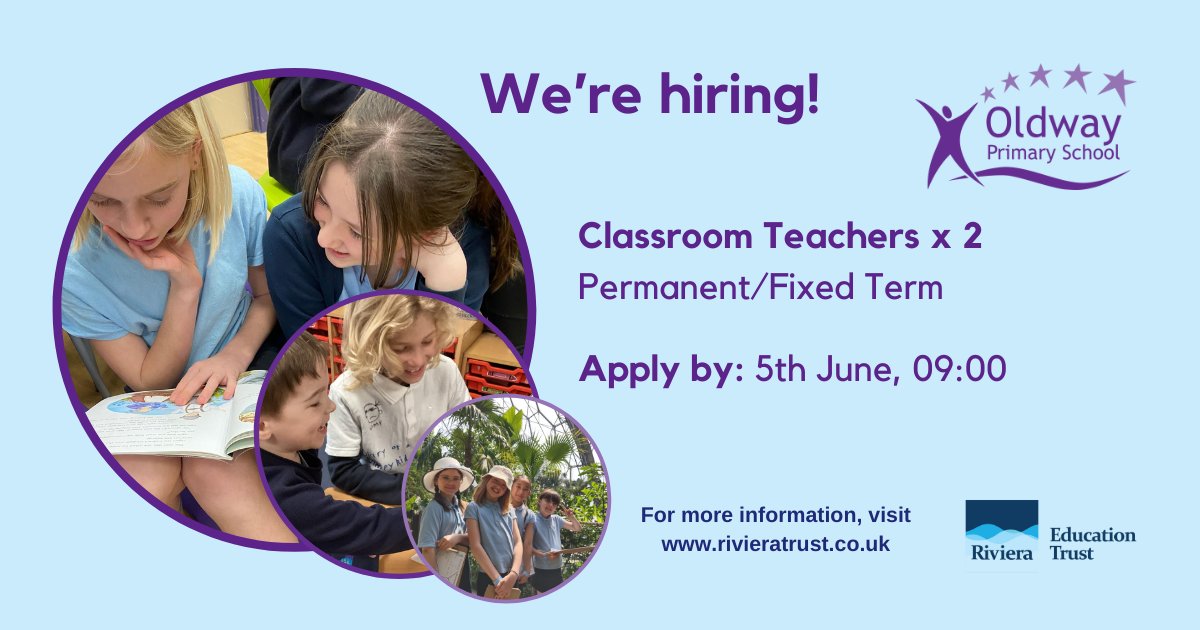 We're looking for enthusiastic and inspirational classroom teachers, passionate about engaging learners and supporting them to achieve their best.  If you would like to be a part of our thriving school community, check our trust website for more details: rivieratrust.co.uk/classroom-teac…