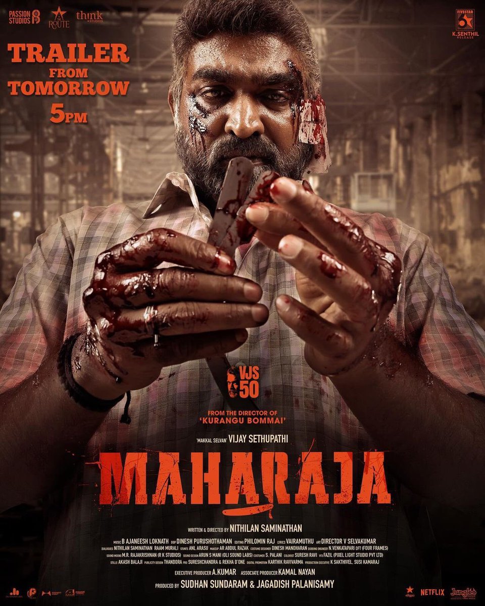 The wait is almost over 👑 . Get ready to witness the world of #Maharaja from tomorrow 5 PM . #MaharajaTrailerFromTomorrow . #OCDTimes #MakkalSelvan #VijaySethupathi #AnuragKashyap #NattyNataraj #MamtaMohandas #Abhirami #VJS50 #Maharaja