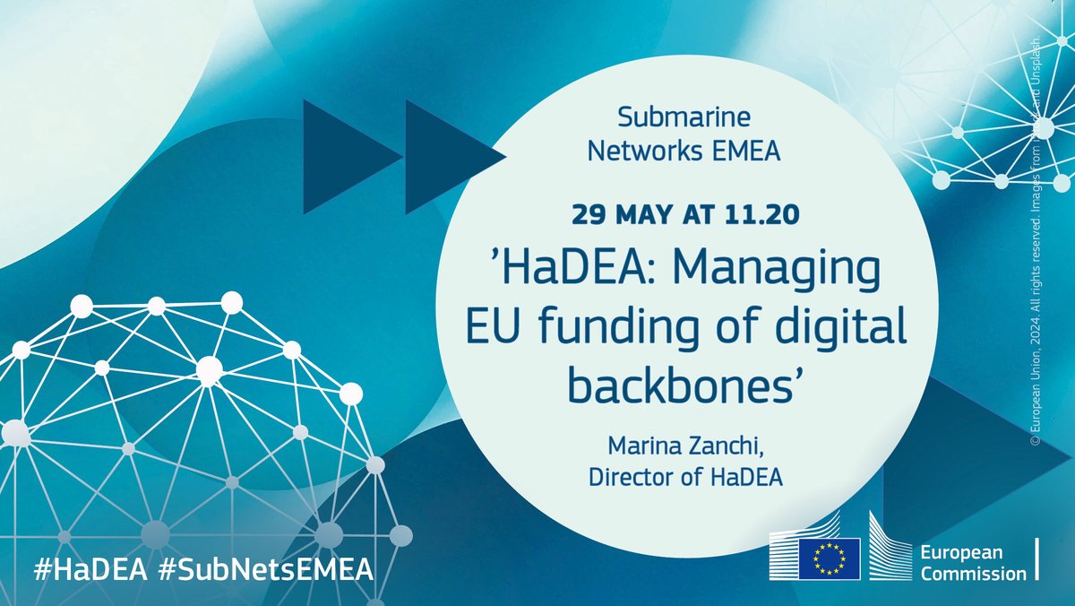 Join #SubNetsEMEA with Eeva Liljanto 29MAY to learn about FNF project - one of the three Cable investments Cinia was granted co-funding from EU. Visit also #HaDEA's booth, meet #CEFDigital project beneficiaries & don't miss #HaDEA's keynote speech by director @marina_zanchi.