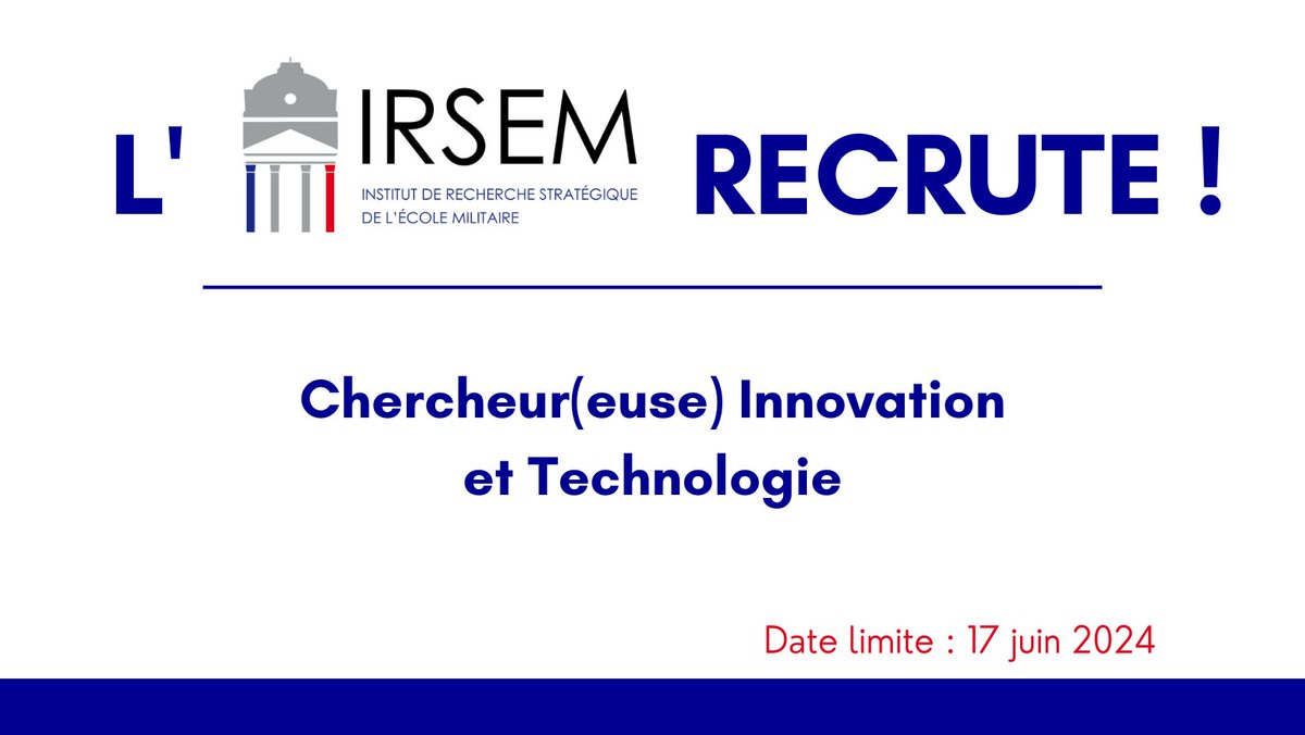 #Recrutement🤝| l’IRSEM recrute un(e) chercheur(se) spécialisé(e) #innovation et #technologies au sein du domaine « #Armement et Économie de #Défense » ! ➡ Retrouvez la fiche de poste ici : bit.ly/3yFrHIB