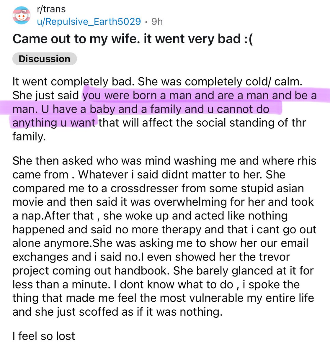 Another man who has waited until his wife is baby trapped before up-ending her entire life. People ask me why I hate tr&ns people so much. I don’t. But this particular flavour? I couldn’t hate them more if I tried.