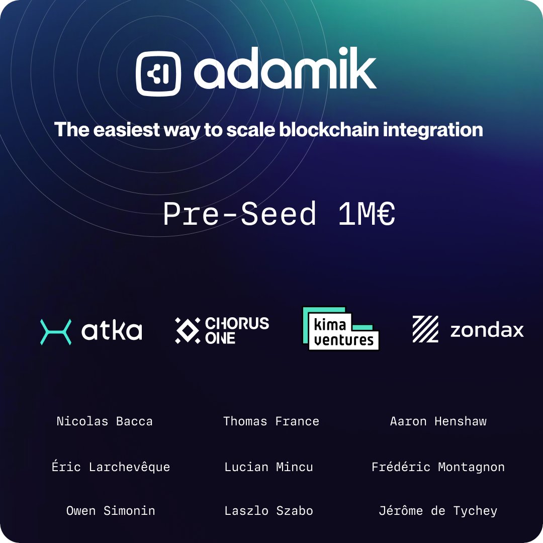 🚀Adamik Secures 1M€ Pre-Seed to scale Blockchain Integration🚀 Adamik is transforming blockchain integration for businesses thanks to a single unified API. Join us ! 🌐adamik.io 📚 docs.adamik.io #blockchain #crypto #multichain