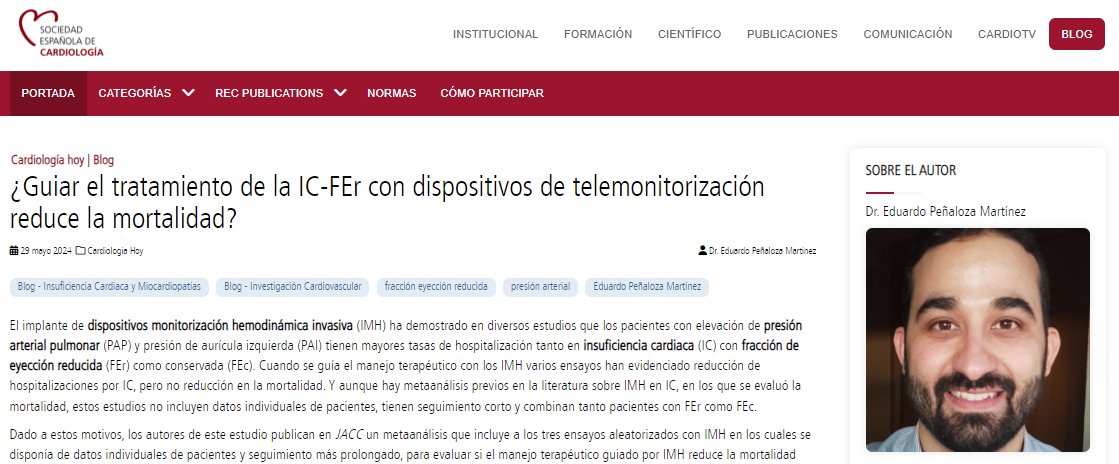 'El manejo guiado por dispositivos de telemonitorización invasiva redujo de forma significativa la mortalidad por todas las causas y los reingresos por IC', apunta @eduardo8787. #BlogSEC @JovenesSec ow.ly/VXpE50RZRI8