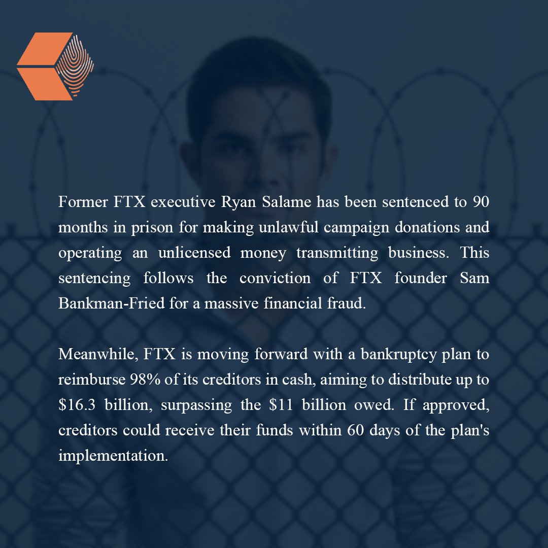 #RyanSalame sentenced to 90 months for illegal donations as #FTX rolls out reimbursement plan. Read more 🔗 t.ly/arLmf #Crypto #UnlockBlockchain #CryptoNews #Cryptocurrency #Bankruptcy #FTXScandal