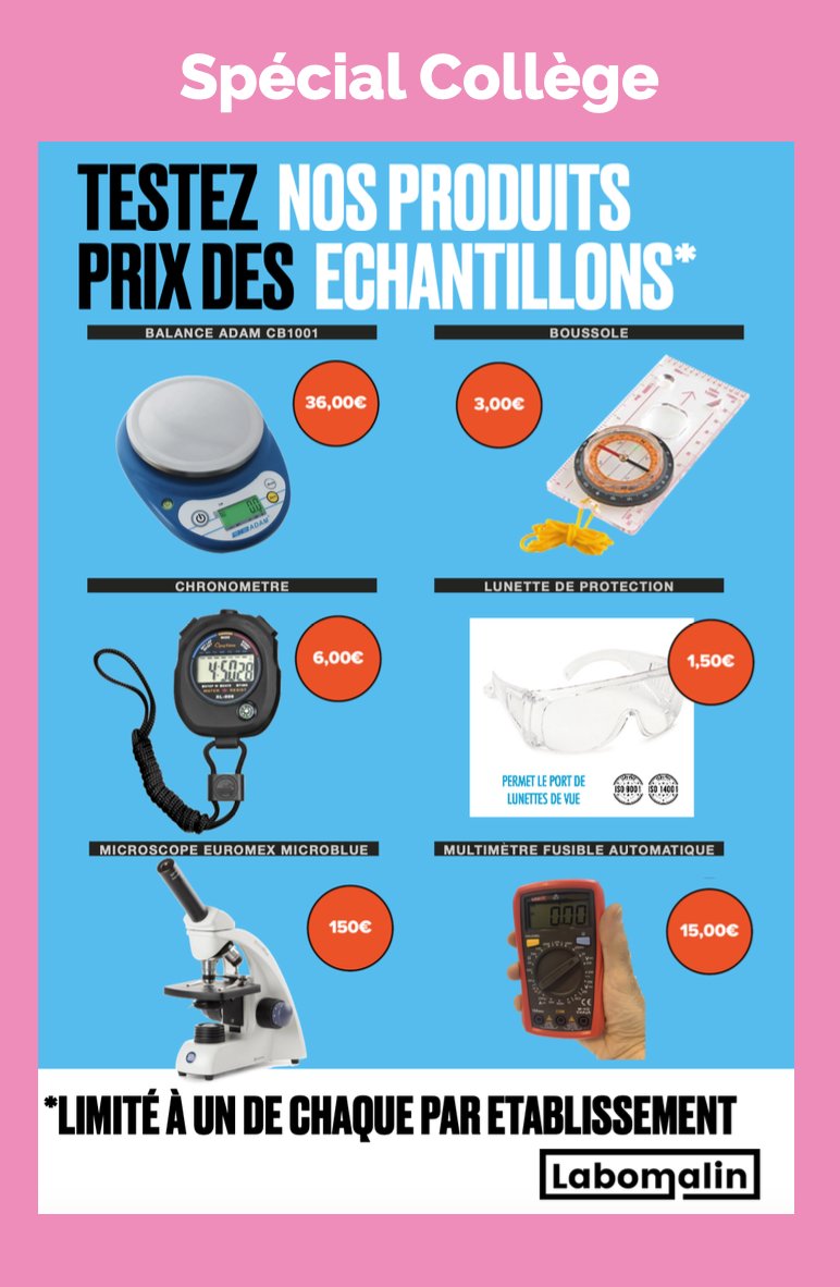 Labomalin1's tweet image. Après le catalogue lycée, sortie du catalogue collège avec une offre condensée et 12 produits à tester à prix coûtant. #collège #physique #chimie #SVT . Catalogue intégral à télécharger sur le site. Edité papier à 2000 Exemplaires (à demander via le site web)