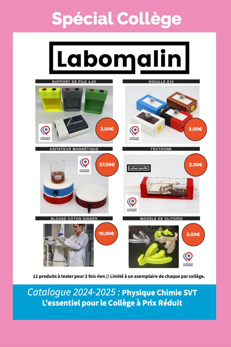 Labomalin1's tweet image. Après le catalogue lycée, sortie du catalogue collège avec une offre condensée et 12 produits à tester à prix coûtant. #collège #physique #chimie #SVT . Catalogue intégral à télécharger sur le site. Edité papier à 2000 Exemplaires (à demander via le site web)