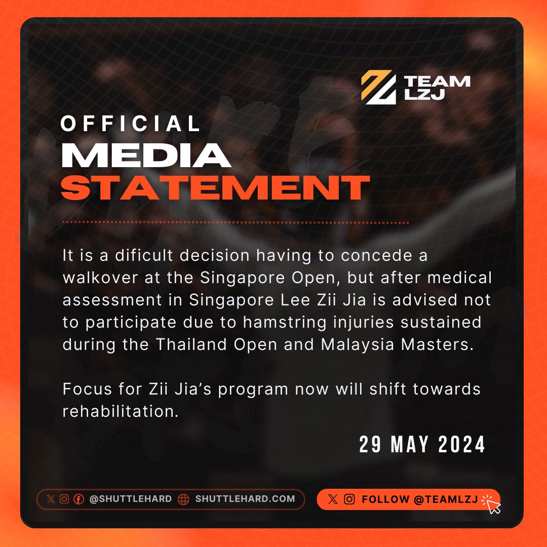 Official Statement on Lee Zii Jia’s walkover at the #SingaporeOpen2024 

#TeamLZJ
#DareToDream
#UNBRKBL
#ShuttleHard