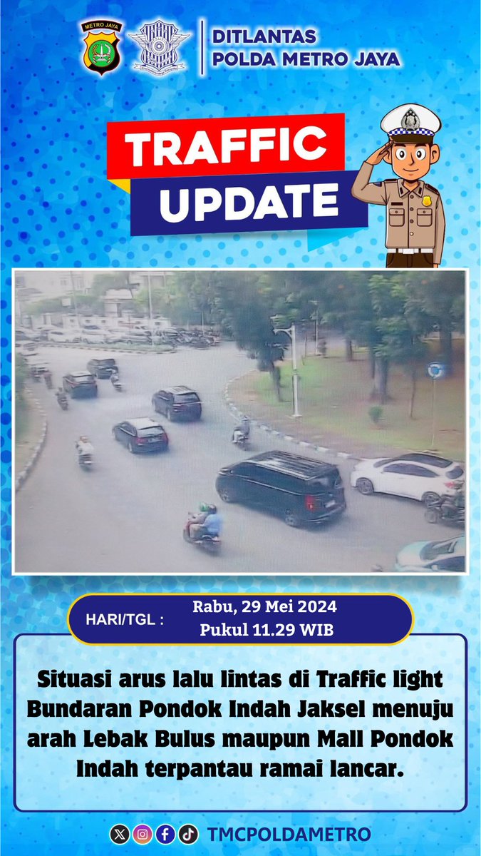 Situasi arus lalu lintas di Traffic light Bundaran Pondok Indah Jaksel menuju arah Lebak Bulus maupun Mall Pondok Indah terpantau ramai lancar.