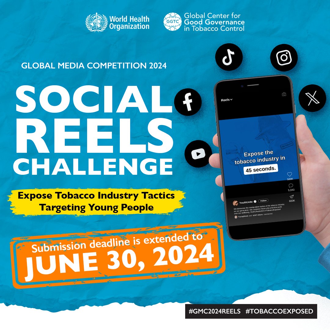 🚀 Big Announcement! 🚀 The submission deadline for the Social Reels Challenge is now EXTENDED! Submit by June 30, 2024. #GMC2024reels #TobaccoExposed

Need inspiration and facts for your reels? ▶️ bit.ly/GMC2024Tips  
How to join? ▶️ bit.ly/GMCggtcwho