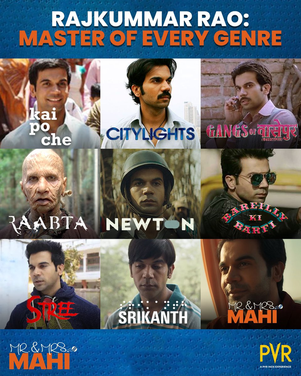 No genre is beyond his reach! Rajkummar Rao continues to amaze us with his versatility. 🌟🎥 Witness his brilliance in Mr. and Mrs. Mahi. Releasing at PVR INOX on May 31! . . . #RajkummarRao #JanhviKapoor #ZarinaWahab