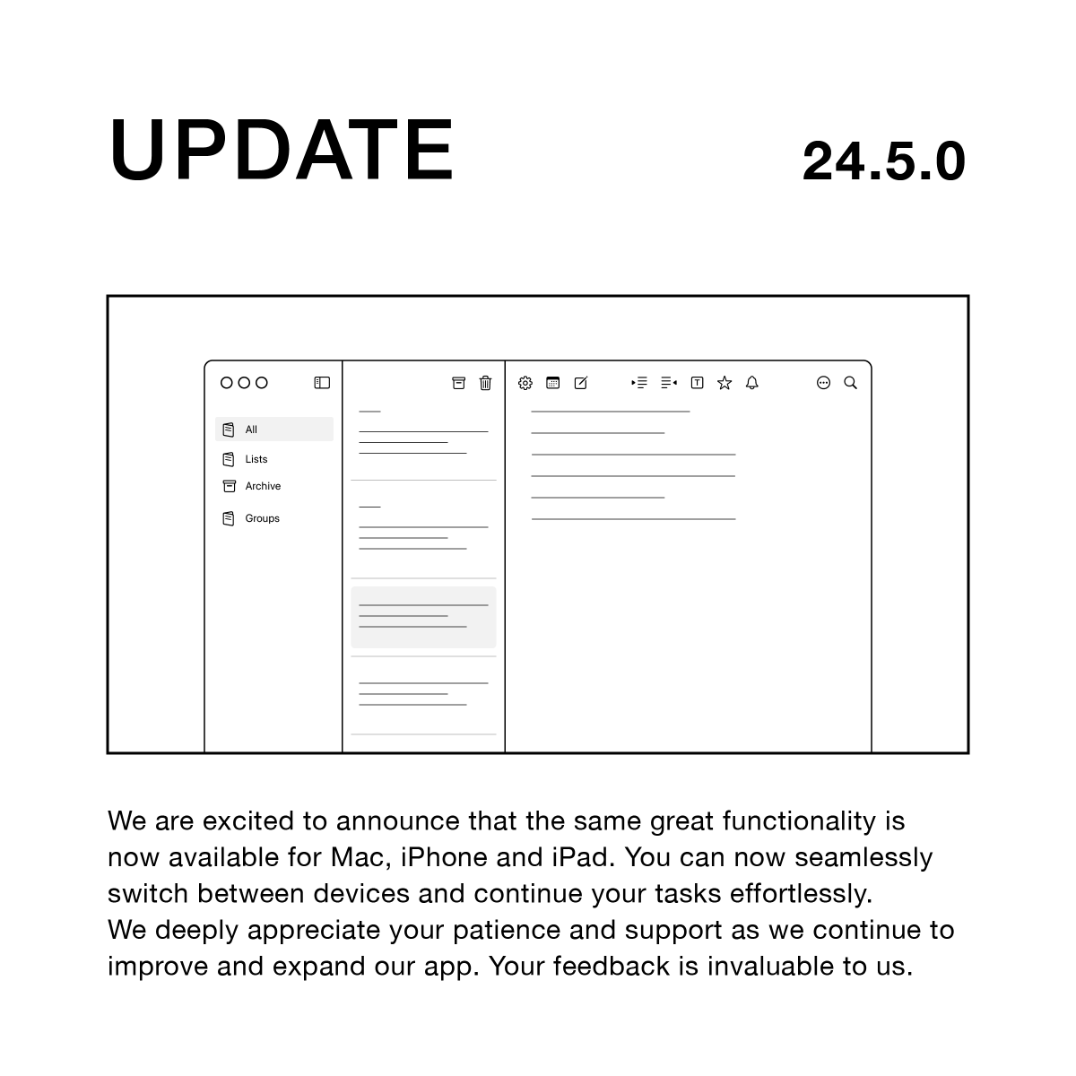 purelist_info's tweet photo. UPDATE v24.5.0
We are excited to announce that the same great functionality is now available for Mac, iPhone and iPad. You can now seamlessly switch between devices and continue your tasks effortlessly.

Download: https://t.co/CAVMvXdzDL https://t.co/6EMCefsFct