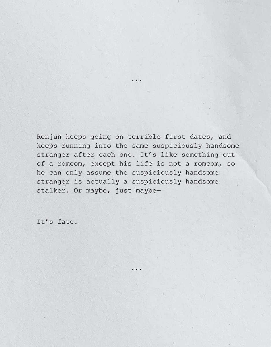 this is (not) a romcom
  
🎬 renmin
🎬 9.2k, rated m
🎬 strangers to lovers, chance meetings, meet-cute (to jm), meet-ugly (to rj) 
🎬 a lot of falling in love and also falling literally
🎬 written for <a href="/JaemRen520/">缘分</a> 
  
archiveofourown.org/works/56252095