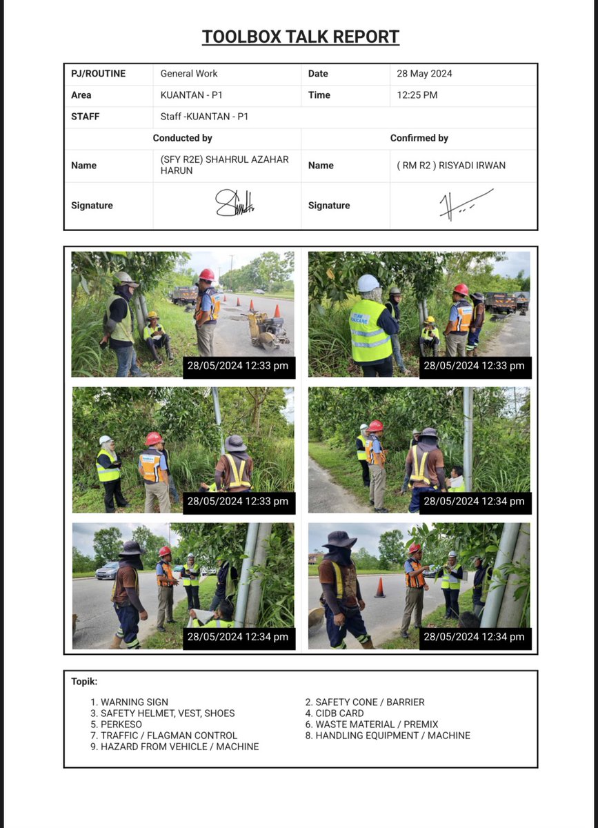 Roadcare_Safety's tweet photo. TOOLBOX BRIEFING SUBCON R01 PITCHING POTHOLE 🚧👷🏻‍♂️

TARIKH: 28/5/2024
MASA: 12:25 PM
KEHADIRAN: 3 PEKERJA

TOPIK:

• WARNING SIGN
• PPE
• CIDB CARD
• WASTE MINERAL/PREMIX
• ACCIDENT REPORTING
• HAZARD FROM VEHICLE/MACHINE

#TowardsSafetyCulture
@Roadcare_Phg 
@RCKuantan https://t.co/tkBrcNC5nX